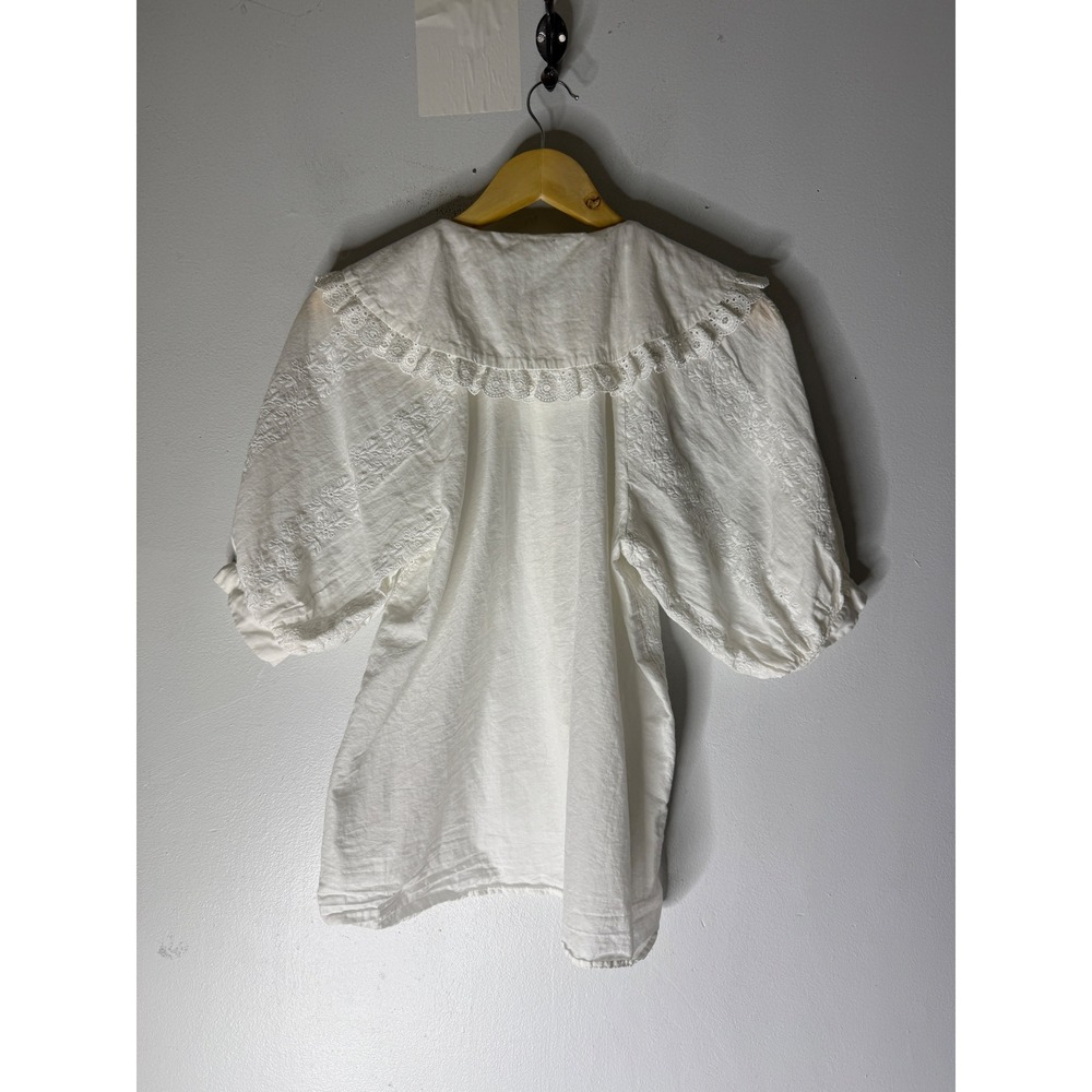 Mango MNG White Eyelet Embroidered Peter Pan Collar Puff Sleeve Blouse Size 4 - Picture 2 of 5